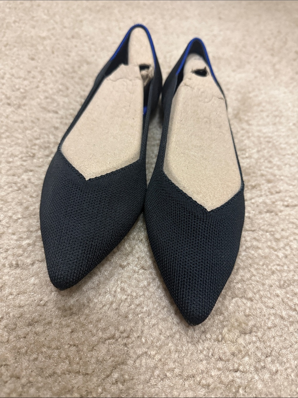 Rothy's Black Pointed Knit Flats with Blue Lining